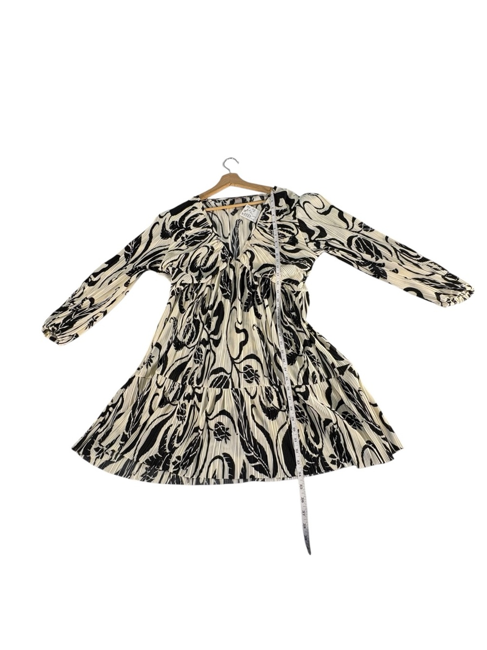 H&M Plissé Mini Dress XL NWT Black Cream Floral Balloon Sleeve Boho Cottagecore - Picture 10 of 10